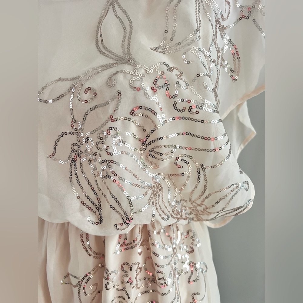 Peachy and gold sequins on this sheer overlay adorable dress for any occasion! - Picture 2 of 3